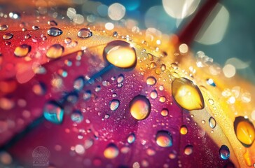 Macro photo of bright umbrella under gentle rain, droplets forming perfect spheres