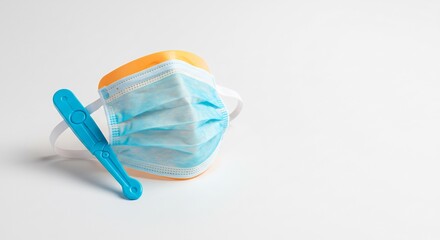 Soft light illuminates a disposable face mask and small blue forceps neatly arranged on white background. AI Generated
