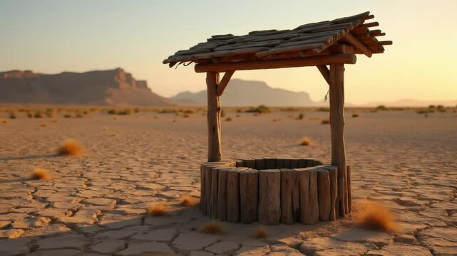 Wooden well in dry wadi amid cracked earth and desert