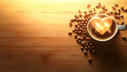 Obraz premium Fresh aromatic coffee and beans on a wooden table, space for text. Heart-shaped steam above the cup