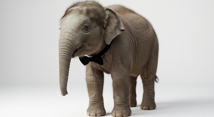 Obraz premium Adorable baby elephant elegantly wears a bow tie against a softly lit neutral background.. AI Generated