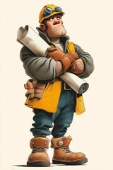 cartoon constructor in a yellow vest holding blueprints, showcasing a confident construction worker character perfect for stock photography

