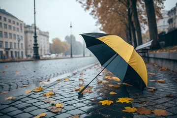 Reflection umbrella in puddle wet asphalt natural background