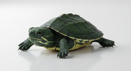 Obraz premium Small turtle calmly rests on bright white background soft light illuminates its shell. AI Generated