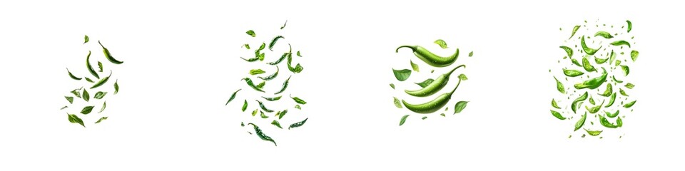 Obraz premium Set of Floating Green Chili Peppers PNG Images Isolated on Transparent Background