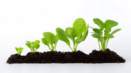 Green vegetable plants growing from soil isolated on white background