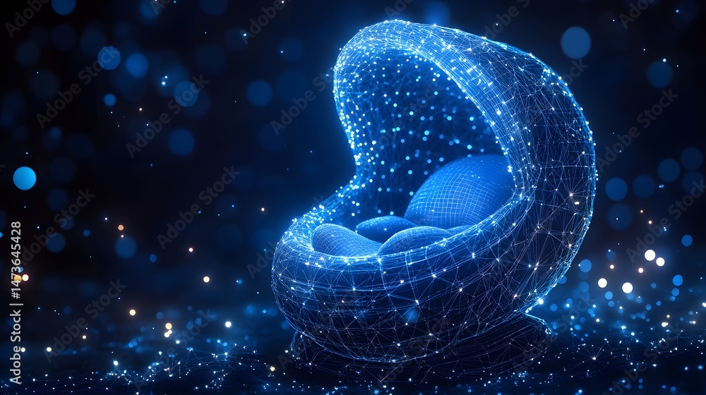 Poster futuristic blue wireframe cradle chair design, with glowing cushions and particle effects. high-tech