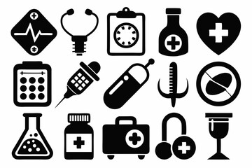 black Set of vector black silhouettes of medical icon isolated on a white background
