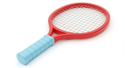 Red and blue toy tennis racket brightly lit against pure white background. AI Generated