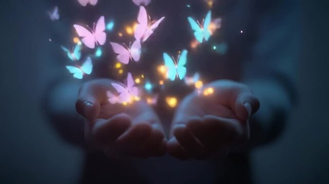 Colorful butterflies flying from open hands against dark background  