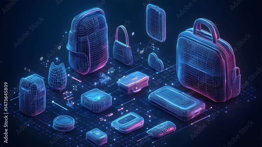 Aufkleber futuristic wireframe scene featuring a backpack, handbag, cases, heart, and puck, interconnected on 