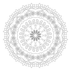 Ornamental Floral Mandala with Stars – Black and White Vector Line Art for Meditation and Coloring