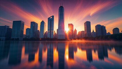 Fototapeta premium Vibrant sunrise illuminating metropolitan skyline and reflecting in calm waters