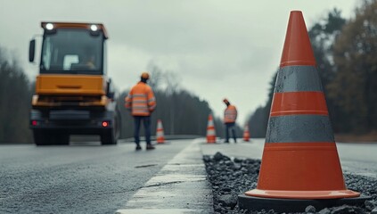 Roadwork on a highway with safety cones and workers