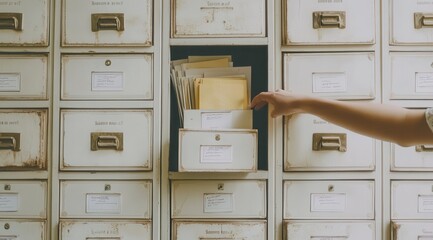 A hand reaching into a filing cabinet
