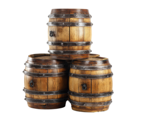 Rustic wooden barrels stacked in a decorative arrangement for design on a transparent background, cut out