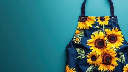 Floral apron with sunflower print, laid flat against a teal background