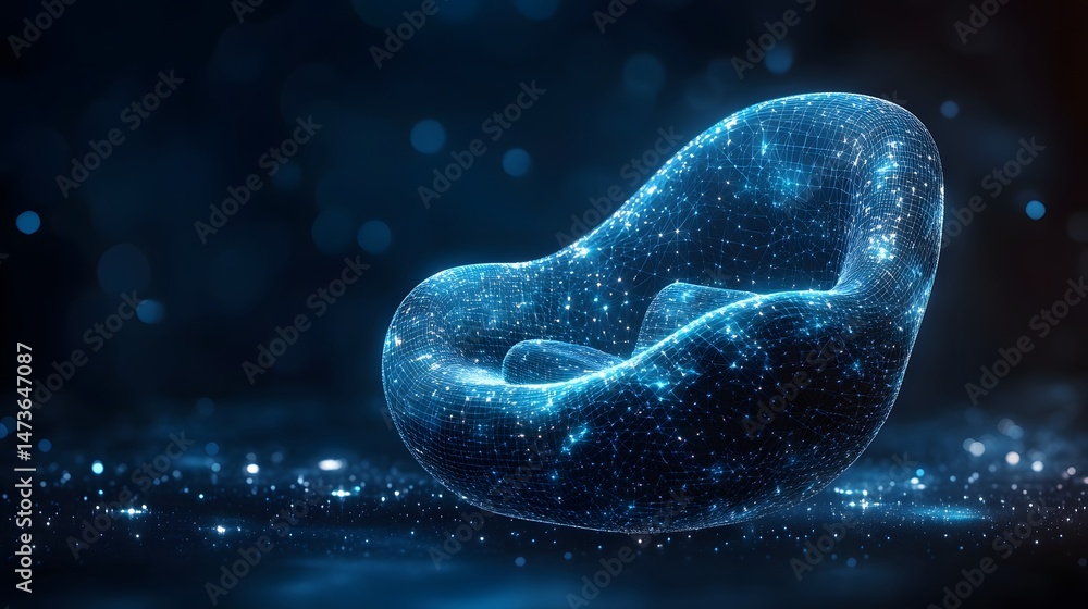 Poster futuristic organic structure with glowing blue lines and points against a dark backdrop with bokeh l