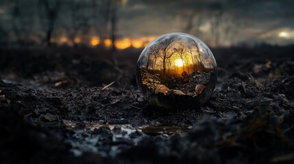 Obraz premium Reflective sunset sphere forest clearing photography nature ground level surreal beauty in a glass orb