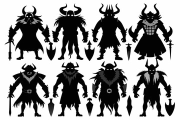 black Set of vector black silhouettes of Viking icon isolated on a white background
