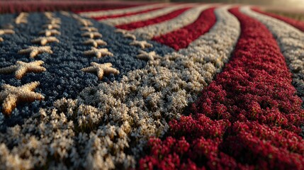 Fototapeta premium American Flag in Field: A vibrant depiction of the American flag meticulously created within a textured field, with rows of red and white stripes, and a field of blue stars, embodying patriotism.