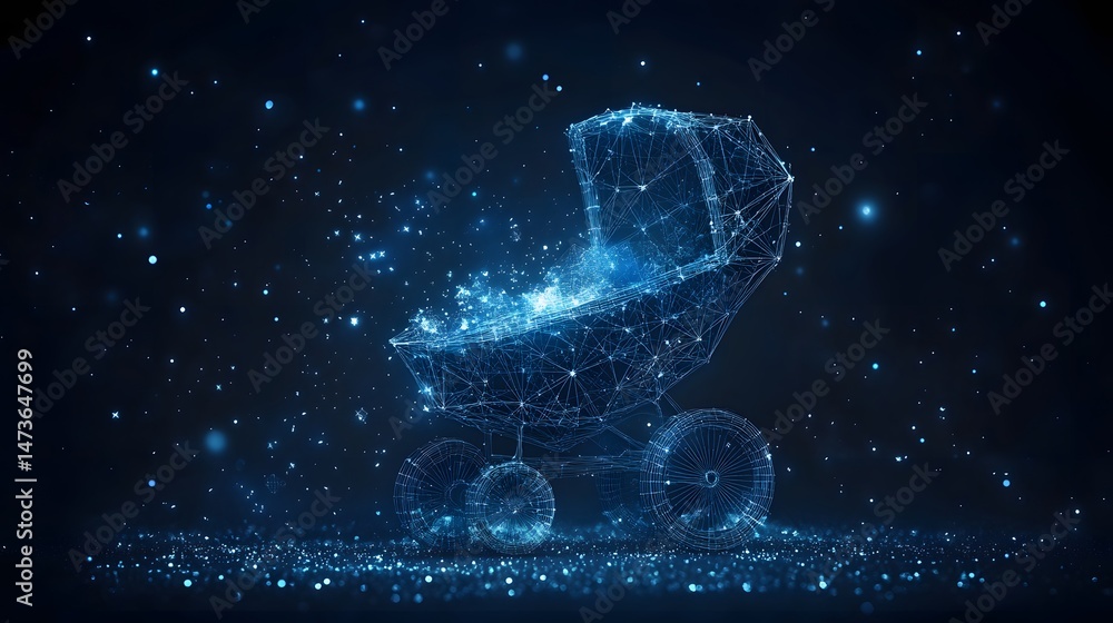 Poster Ethereal baby stroller rendered in a wireframe style against a star-filled backdrop. A futuristic design with sparkling blue lights creates a dreamy scene. Abstract wireframe in dark blue.