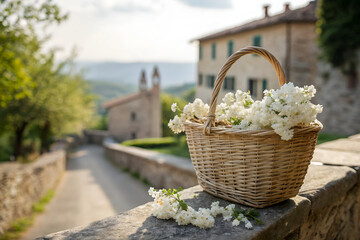 A hanging wicker basket holds flowers on the terrace nearby a house lies be