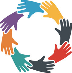 interlocking colorful hands forming a circle to symbolize global diversity and unity