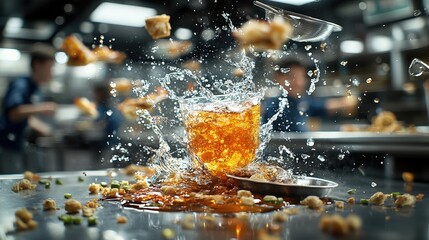 Close-up culinary action dynamic food preparation in an exciting restaurant kitchen environment