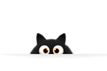 Obraz premium A cute cartoon black cat with big eyes peeking over the edge of a white surface isolated on white background
