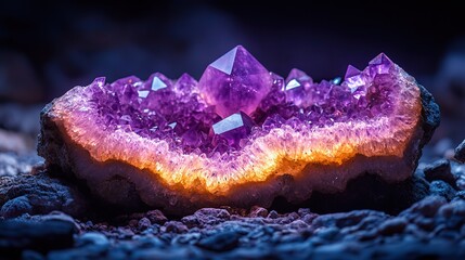 Fototapeta premium Amethyst geodes crack open to reveal interiors lined with glittering crystals, their purple light casting an ethereal glow on the surroundings