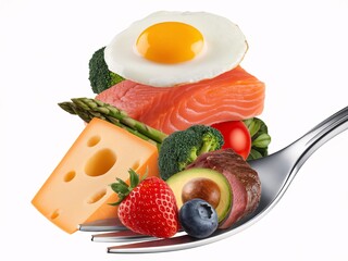 Fototapeta premium A vibrant stack of healthy foods including salmon, vegetables, cheese, and fruits atop a fork.