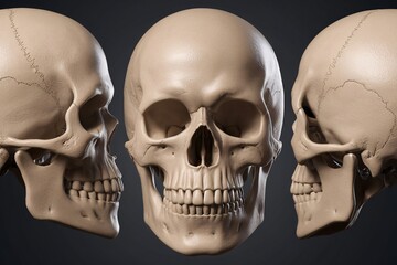 Three dimensional view of a human skull showcasing front, side, and profile angles.