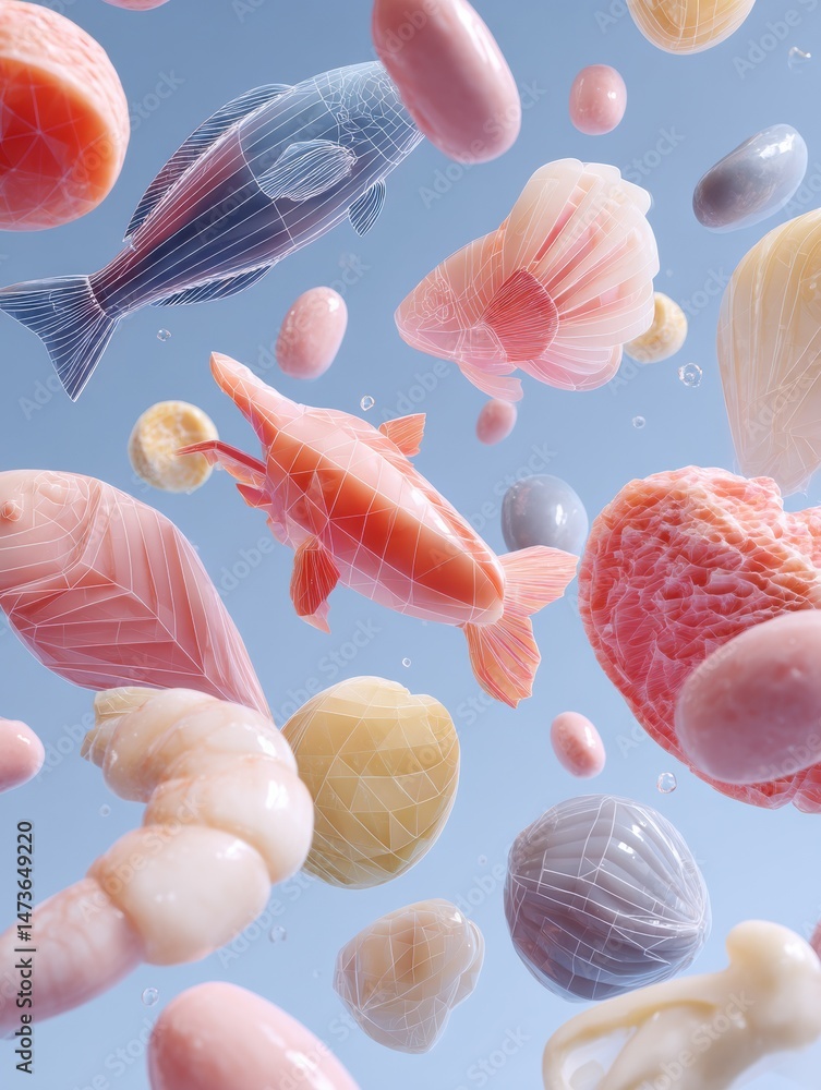 Poster floating seafood shapes with geometric designs create a surreal underwater atmosphere against a soft
