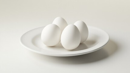 Four white eggs on a white plate