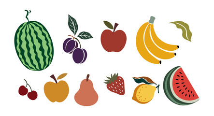 Set of summer fruits, watermelon, banana, cherry, lemon, plum, strawberry, apple, pear. Perfect for prints, packaging, and kitchen decor. Colorful flat vector illustrations on transparent background