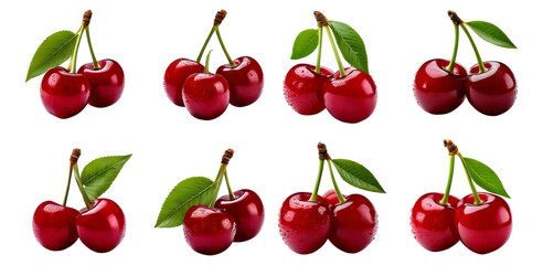 Fresh Red Cherries with Leaves, Isolated on Transparent Background, Isolated on Transparent, white background