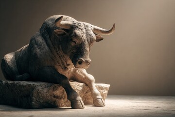 Fototapeta premium Gray stone bull statue positioned on a rock.