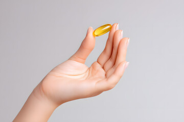 Close-up Woman's hand holding omega 3 fish oil capsule isolated on white background