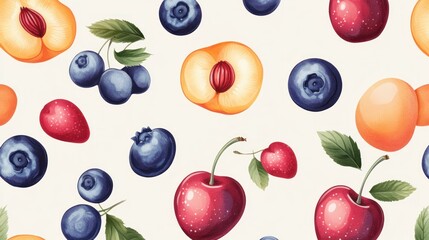 Fresh fruit seamless pattern featuring peaches, blueberries, cherries, and strawberries