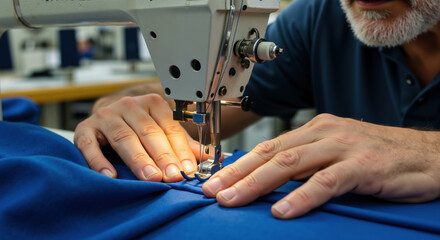 Close-up of hands operating industrial sewing machine with blue fabric. Textile manufacturing process for garment production essential for fashion industry and consumer goods manufacturing