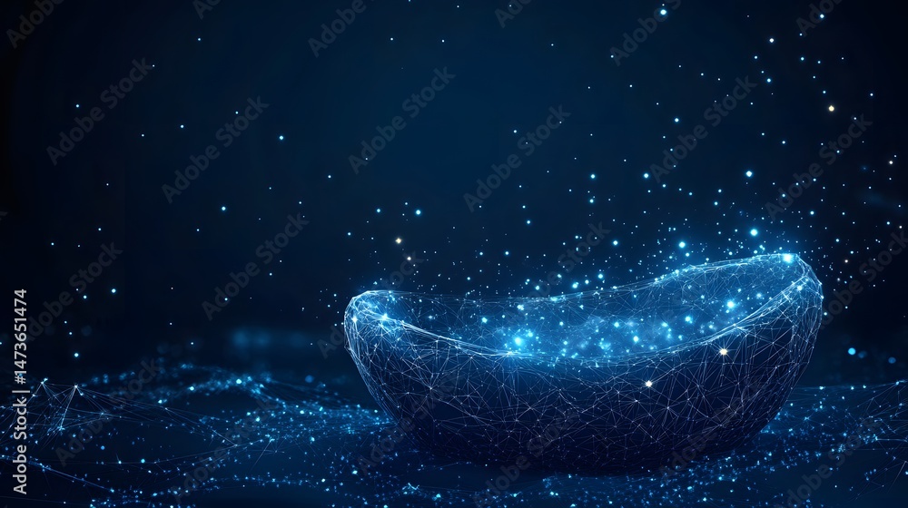Poster Futuristic digital rendering showcasing a glowing bowl-like structure on a network surface. Luminous dots create a star-like background, enhancing the techy feel. Abstract wireframe in dark blue.