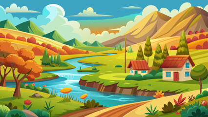 vector of beautiful countryside scenery with river