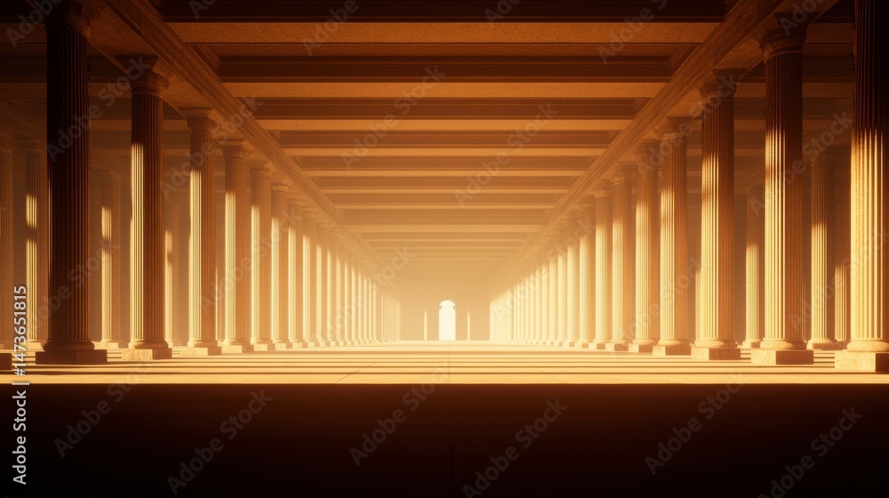 Poster a long corridor with columns and a high ceiling, illuminated by a warm light.
