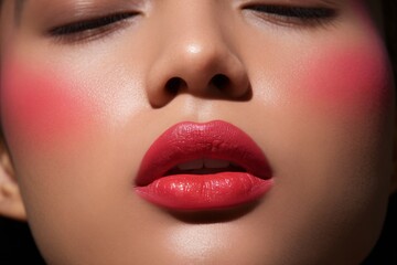 Fototapeta premium Close-up of a female model with striking red lipstick and vibrant blush, exuding confidence and elegance.