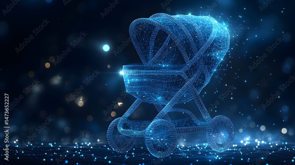 Poster futuristic baby carriage depicted as a blue wireframe. the design, set against a dark backdrop with 