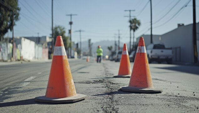 Roadwork cones mark street repair