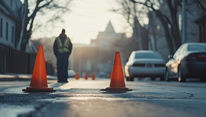 Obraz premium City street, worker, cones, sunrise