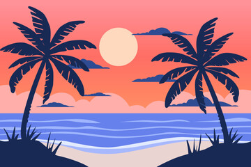 Beach with palm trees at sunset. Palm beach at sunset. Silhouettes of palm trees, beach, sand, sea with waves, and clouds in the sunset sky.