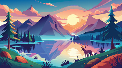 vector of Mountain lake at dawn deer morning light and sun scenic reflection illustration